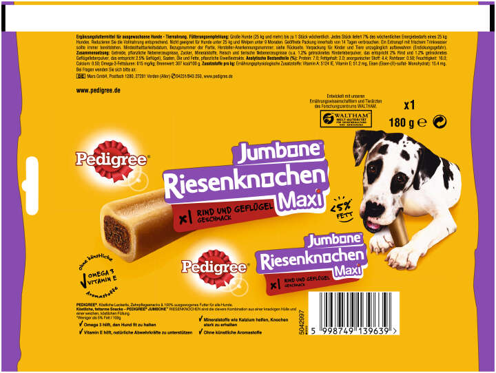 Pedigree Hundeleckerlis JUMBONE Riesenknochen Maxi mit Rind und Geflügel